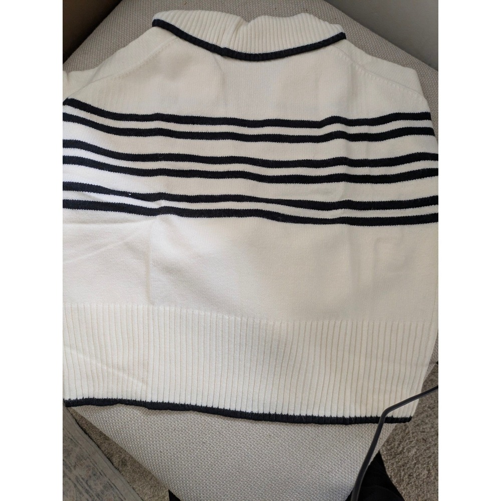 Women XL Classic Stripe Collar Sweater Pullover Cream Black Long Sleeve Knit Top - Picture 3 of 7